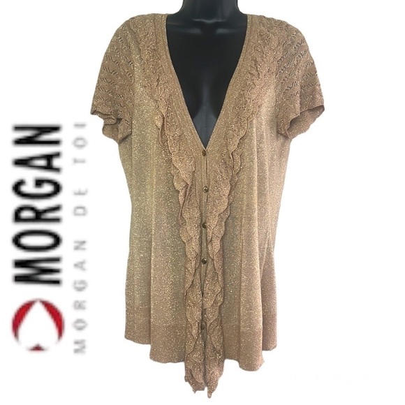 Morgan Light Shimmery Tan Front Ruffle Button Down Sweater Cardigan - Picture 1 of 13
